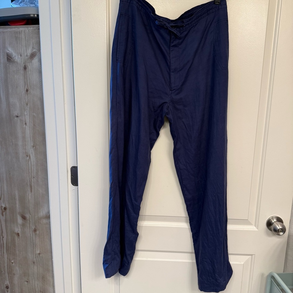 Lanzino linen Navy Pants w/zip button closure and drawstring, coastal, boat life